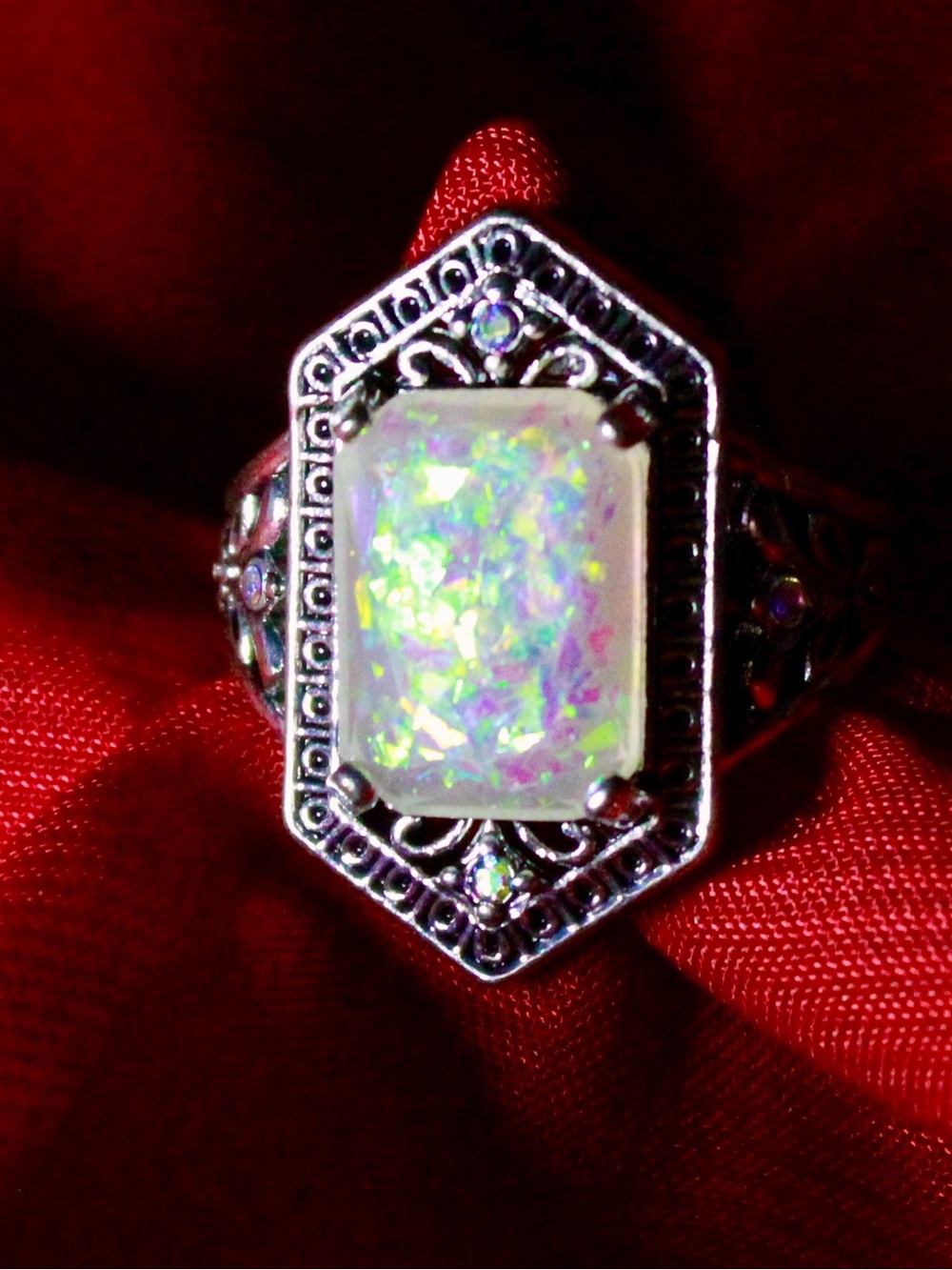 Opal-Effect Silver Statement Ring - White Iridescent